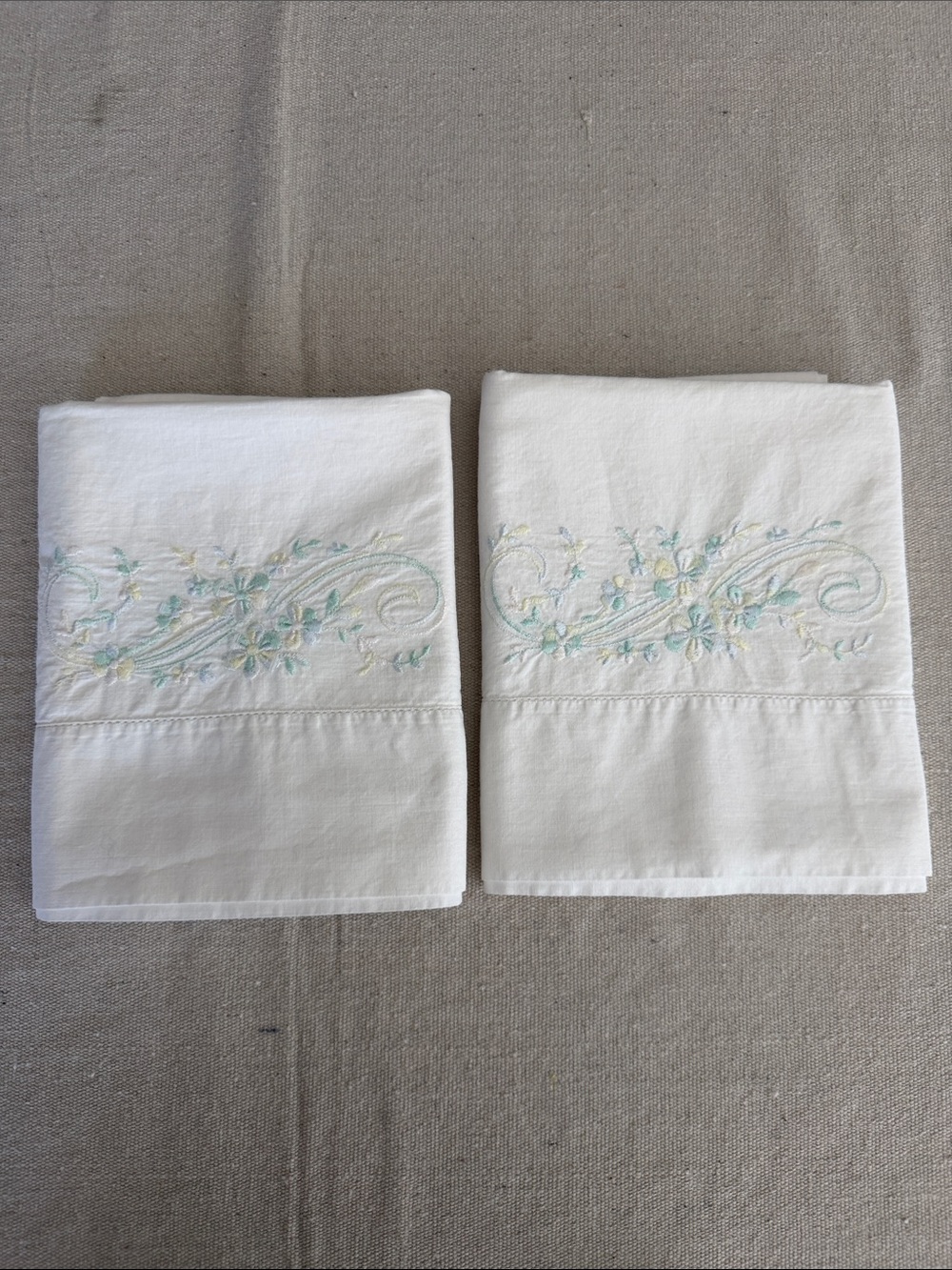 Vintage White Linen Pillowcase Set with Floral Embroidery